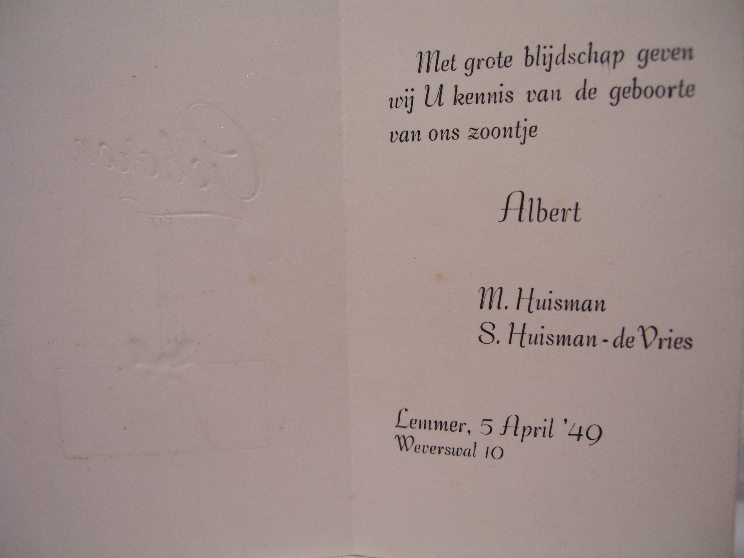 Huisman, Albert 1949, geboortekaartje 2